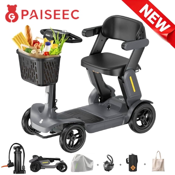 Paiseec S3 Foldable Mobility Scooter for Seniors & Adults,25 Miles 4 Wheel Motorized Scooters 300 lb Capacity,Travel Scooter for Elderly,Removable Lithium Battery,Gray