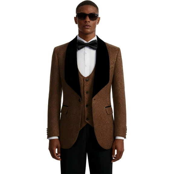 Paisley 3-Piece Suit for Men Black Shawl Collar, Print Jacket Vest, Black Stretch Pants