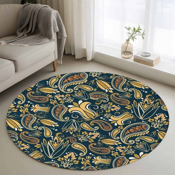 Paisley 3FT Round Area Rugs for Living Room Yellow Flowers Retro Abstract Floral Ultra-Thin Non-Slip Round Rugs Machine Washable Low Pile Circle Carpet for Bedroom Kitchen Nursery