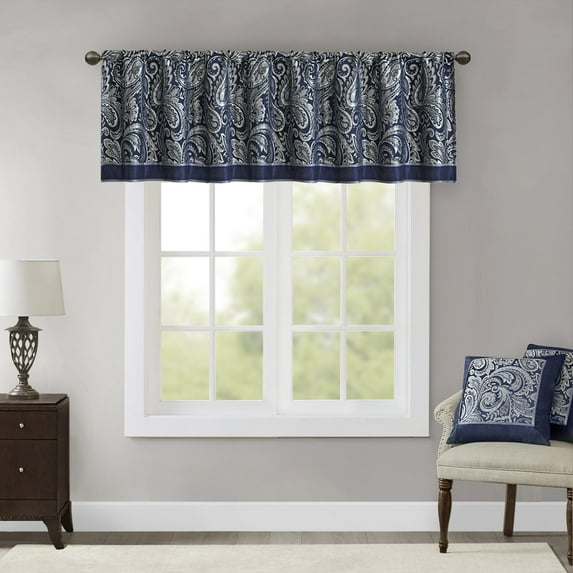 Paisley 50" x 18" Luxurious Classic Style Rod Pocket Valance, Jacquard Weave, Updated Paisley Motif, Blue, Adult Living Room