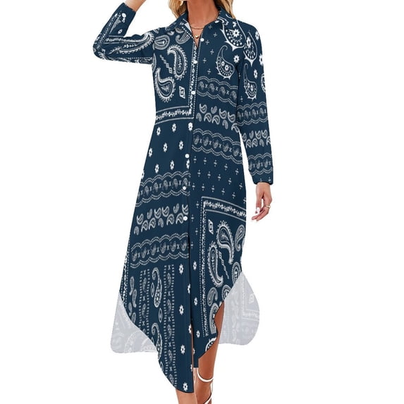 Paisley Bandana Pattern Shirt Dress Long Sleeve Street Fashion V Neck Oversized Casual Dress Women Evening Dress