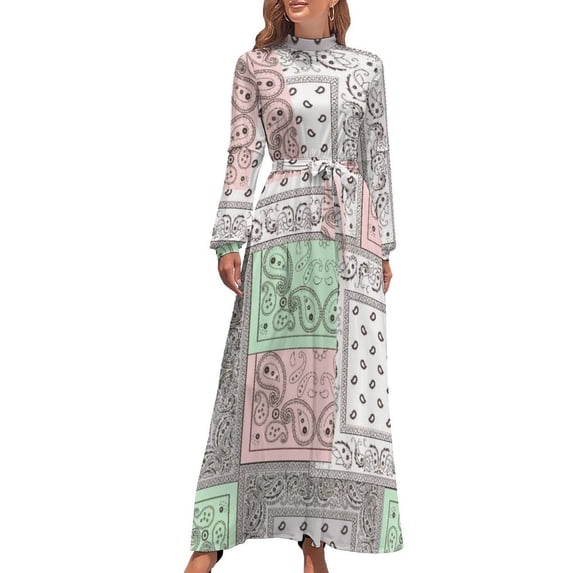 Paisley Bandana Pattern Women's Long Dress Long Sleeves Dress Vintage Dresses Party Maxi Dress High Waist Dress