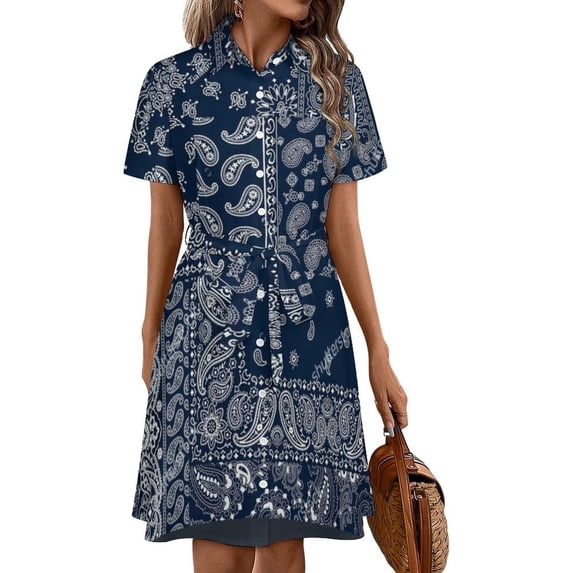 Paisley Bandana Pattern Womens Shirt Dresses Women'S Short Sleeve Dress Turn-Down Collar Dress A Line Casuall Dress Oversize(XS-6XL)