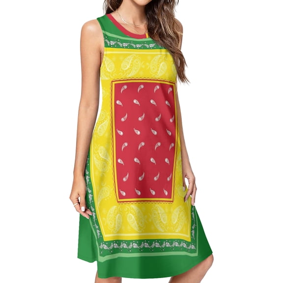 Paisley Bandana Rasta Hippie Spring Summer Dresses for Women Fashion T-shirt Dress Casual Sleeveless Loose Sundress with Pockets