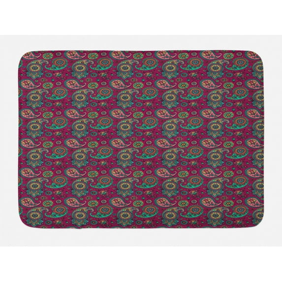 Paisley Bath Mat, Colorful Floral Design of Traditional Abstract Motifs Hand Drawn Like, Plush Bathroom Decor Mat with Non Slip Backing, 29.5" X 17.5", Raspberry and Multicolor, by Ambesonne