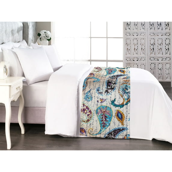 Paisley Bed Runner, Romance Themed Letter Background and Oriental Vibes Floral Motifs Print, Decorative Accent Bedding Scarf for Hotels Homes & Guest Rooms, King, Deep Sky Blue Apricot, by Ambesonne