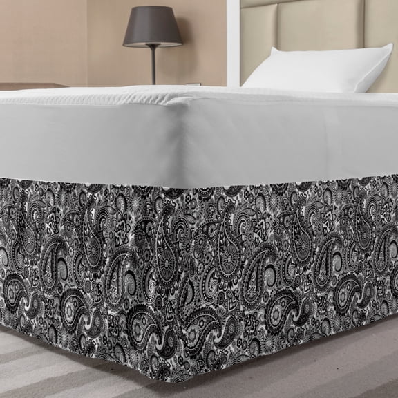 Paisley Bed Skirt, Oriental Themed Pattern with Traditional Elements Lace Like Design, Elastic Bedskirt Dust Ruffle Wrap Around for Bedding Decor, 4 Sizes, White and Charcoal Grey, by Ambesonne