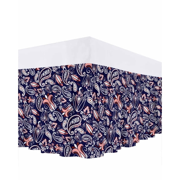 Paisley Bed Skirt Queen Size 16 Inch Drop, Blue Flowers Adjustable Elastic Dust Ruffles Bedskirt for Queen Bed Wrap Around Pleated Mattress Frame Cover