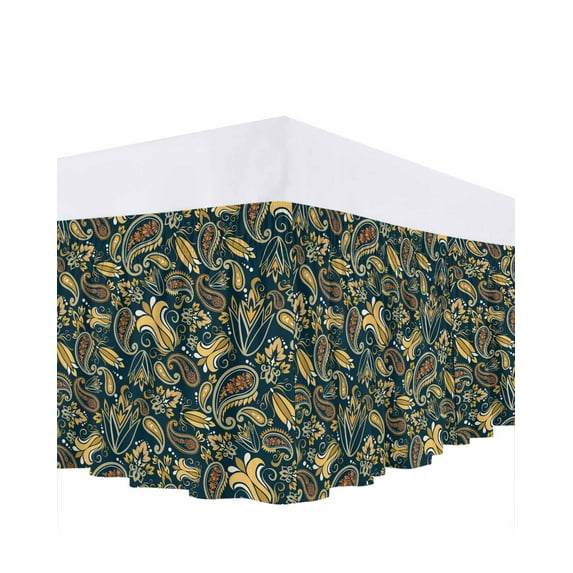 Paisley Bed Skirt Queen Size 16 Inch Drop, Yellow Flowers Adjustable Elastic Dust Ruffles Bedskirt for Queen Bed Wrap Around Pleated Mattress Frame Cover