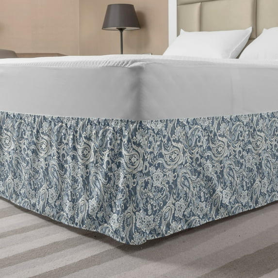 Paisley Bed Skirt, Vintage Monochrome Folkloric Floral Art, Elastic Bedskirt Dust Ruffle Wrap Around for Bedding Decor, 4 Sizes, Blue Grey Purpleblue, by Ambesonne