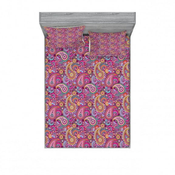 Paisley Bedding Set with Sheet & Covers, Classic Style Motifs with Flowers Like Sun Leafs and Ornamental Shapes, Printed Bedroom Decor 2 Shams, 4 Sizes, Multicolor, by Ambesonne