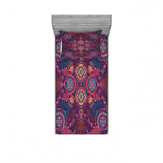 Paisley Bedding Set with Sheet & Covers, Modern Classic Design with Dots Leaves and Flowers Print, Printed Bedroom Decor 2 Shams, 4 Sizes, Multicolor, by Ambesonne