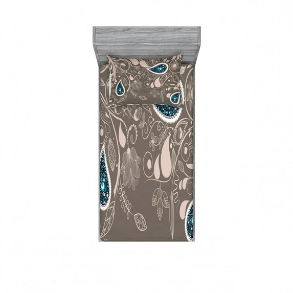Paisley Bedding Set with Sheet & Covers, Oriental Motifs with Swirled Branch and Flower Pattern Bohemian Art, Printed Bedroom Decor 2 Shams, 4 Sizes, Pale Brown Teal, by Ambesonne
