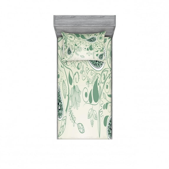 Paisley Bedding Set with Sheet & Covers, Vintage Aged Floral Paisley Patterns on Retro Art Background in Persian Style, Printed Bedroom Decor 2 Shams, 4 Sizes, Laurel Green, by Ambesonne