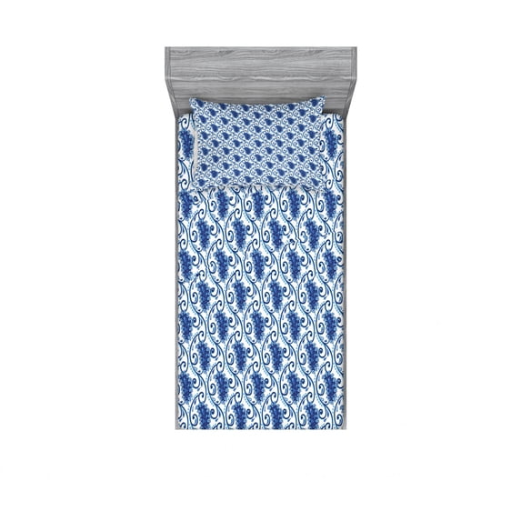 Paisley Bedding Set with Sheet & Covers, Vintage Eastren Inspired Design with Flowers Ivy Leaves and Dots Nature Artwork, Printed Bedroom Decor 2 Shams, 4 Sizes, Blue and White, by Ambesonne