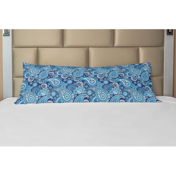 Paisley Body Pillow Case Cover with Zipper, Traditional Pattern Design Flowers Leaves and Dots Backgrounded Artwork Print, Decorative Accent Long Pillowcase, Blue, by Ambesonne