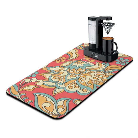 Paisley Boho Design Coffee Mat Absorbent Non-Slip Mat for Coffee Station, Colorful Geometric Pattern Protects Countertops from Spills