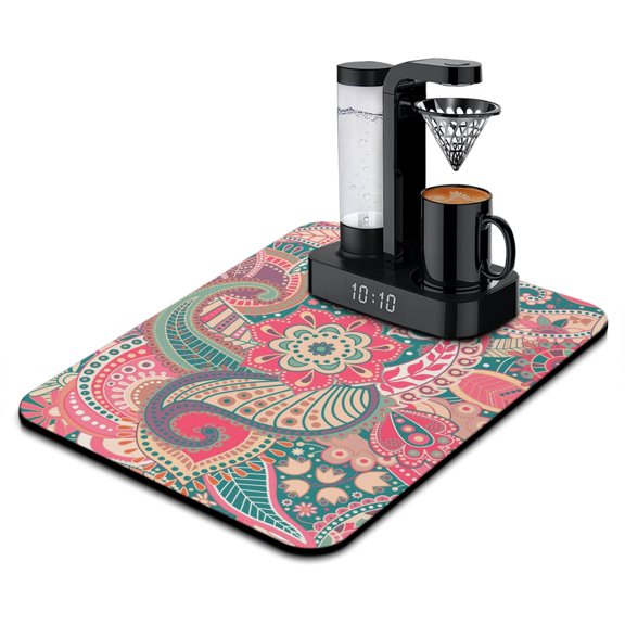 Paisley Boho Design Dish Drying Mat, Vintage Ethnic Absorbent Coffee Bar Mat, Artistic Decorative Kitchen Counter Protector