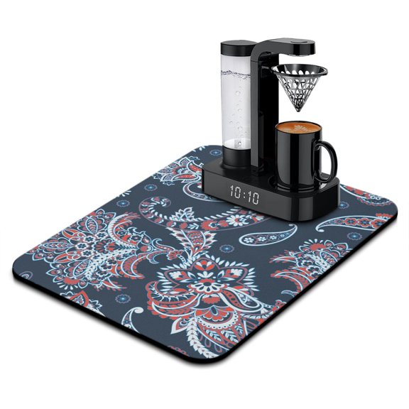 Paisley Boho Design Dish Drying Mat, Vintage Ethnic Absorbent Coffee Bar Mat, Artistic Decorative Kitchen Counter Protector