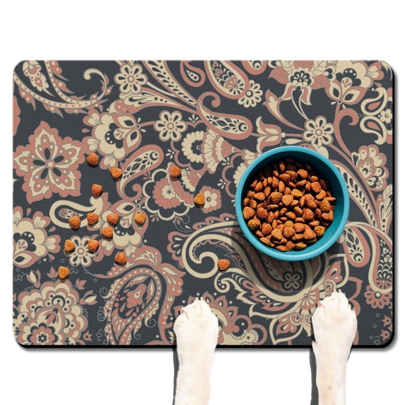 Paisley Boho Design Dog Food Mat - Elegant Classic Pet Feeding Pad - Non-Slip and Absorbent for Food and Water Spills