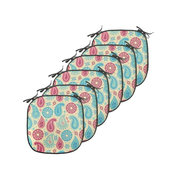 Paisley Chair Seating Cushion Set of 6, Retro Style Patterns and Flowers in Design Detailed Print, Seat Pads for Office with Anti-slip Backing, 16"x16", Turquoise Pink Cream, by Ambesonne