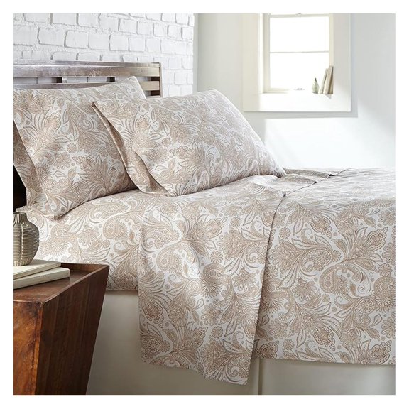 Paisley Collection, 4-Piece King Size Fitted Sheet and Pillow Cases, 15 Inch Deep Pocket King Sheet Set, Paisley Sheets, White Sheets with Taupe Pattern, White Bedding Set