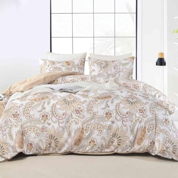 Paisley Comforter Set Queen Size 3 Pcs Tan Taupe Classy Boho Damask Printed Pattern Soft Microfiber Alternative Duvet Farmhouse Lightweight Bedding Sets Bed in a Bag for Women Men 90 x90 inch