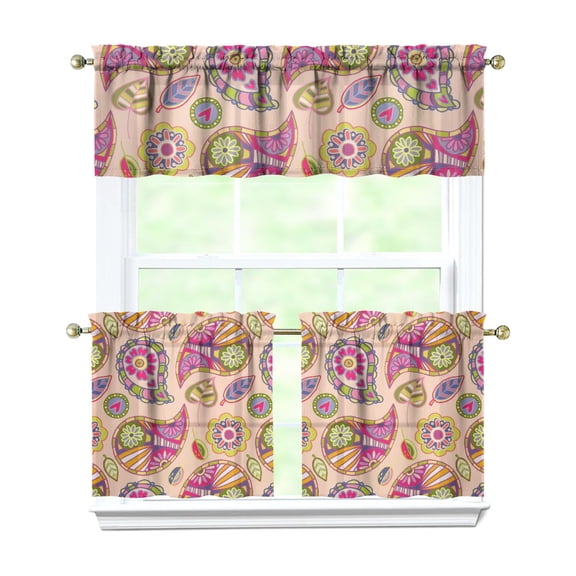 Paisley Curtains 24 Inch Short - 3 Panel Set, Vintage Bohemian Ethnic Floral Pattern, Colorful Retro Chic Design, Artistic Rod Pocket Window Curtain for Living Room, Bedroom, Easy Wash
