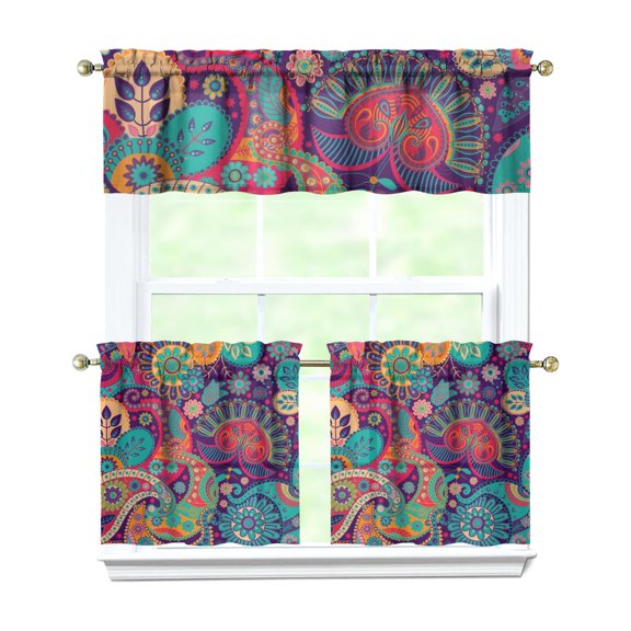 Paisley Curtains 24 Inch Short - 3 Panel Set, Vintage Bohemian Ethnic Floral Pattern, Colorful Retro Chic Design, Artistic Rod Pocket Window Curtain for Living Room, Bedroom, Easy Wash