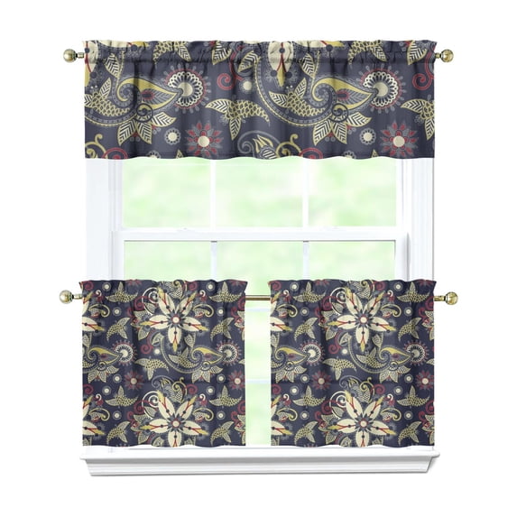 Paisley Curtains 24 Inch Short - 3 Panel Set, Vintage Bohemian Ethnic Floral Pattern, Colorful Retro Chic Design, Artistic Rod Pocket Window Curtain for Living Room, Bedroom, Easy Wash