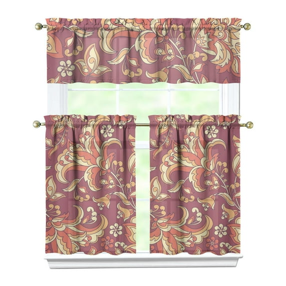 Paisley Curtains 36 Inch Short - 3 Panel Set, Vintage Bohemian Ethnic Floral Pattern, Colorful Retro Chic Design, Artistic Rod Pocket Window Curtain for Living Room, Bedroom, Easy Wash