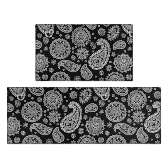 Paisley and Damask Black Pattern Anti Fatigue Kitchen Rugs Set Of 2, Non Slip Washable Decorative Floor Mats for Kitchen Sink Laundry, 17"x30" and 17"x47"