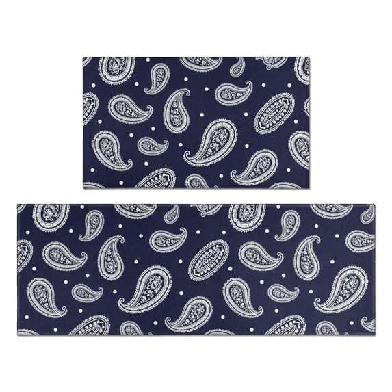 Paisley and Damask Blue Pattern Anti Fatigue Kitchen Rugs Set Of 2, Non Slip Washable Decorative Floor Mats for Kitchen Sink Laundry, 17"x30" and 17"x47"
