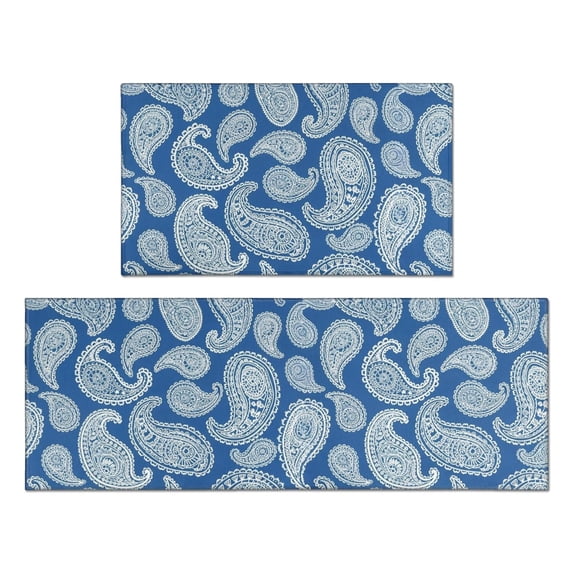 Paisley and Damask Blue Pattern Anti Fatigue Kitchen Rugs Set Of 2, Non Slip Washable Decorative Floor Mats for Kitchen Sink Laundry, 17"x30" and 17"x47"