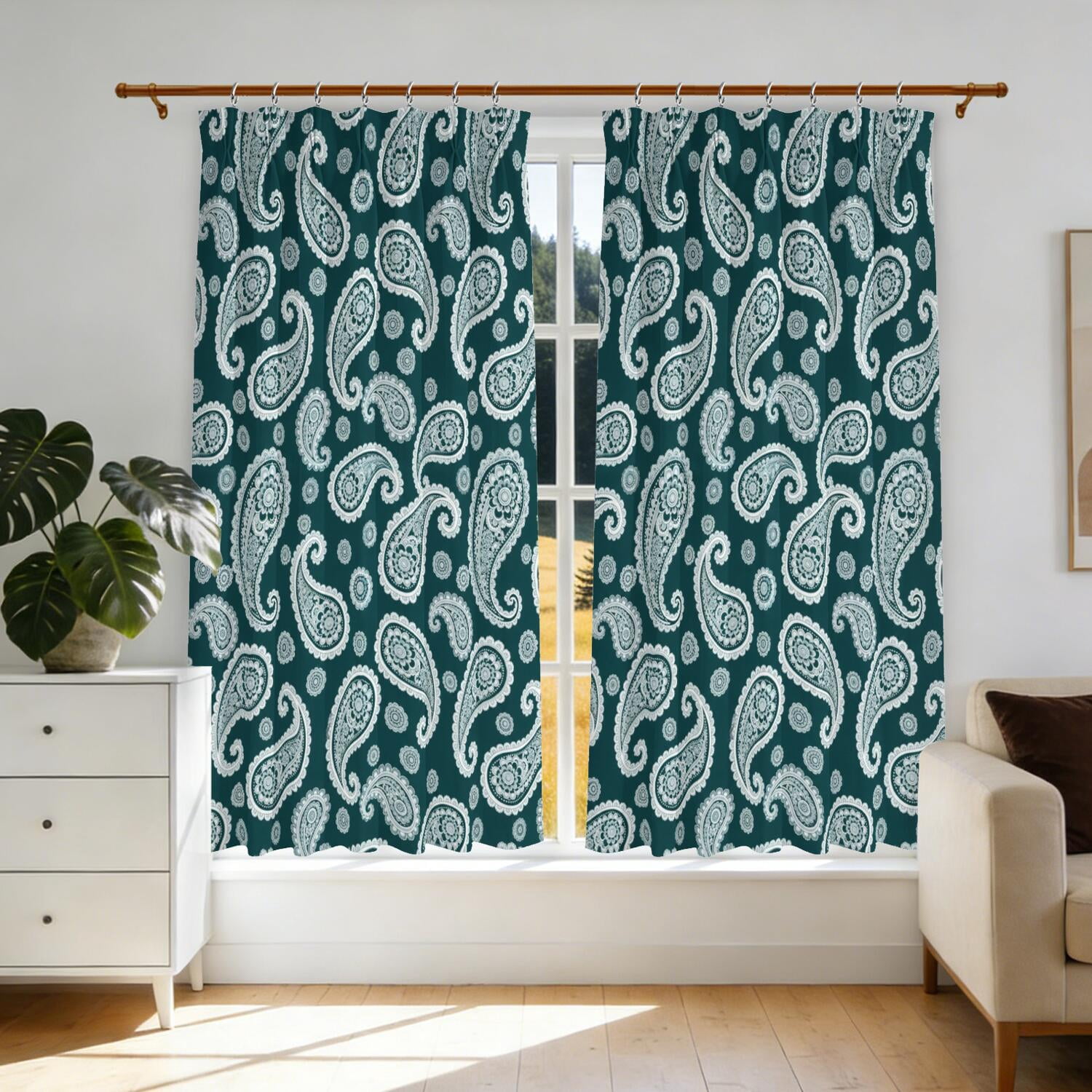 Paisley and Damask Green Pattern Pinch Pleated Blackout Curtains ...