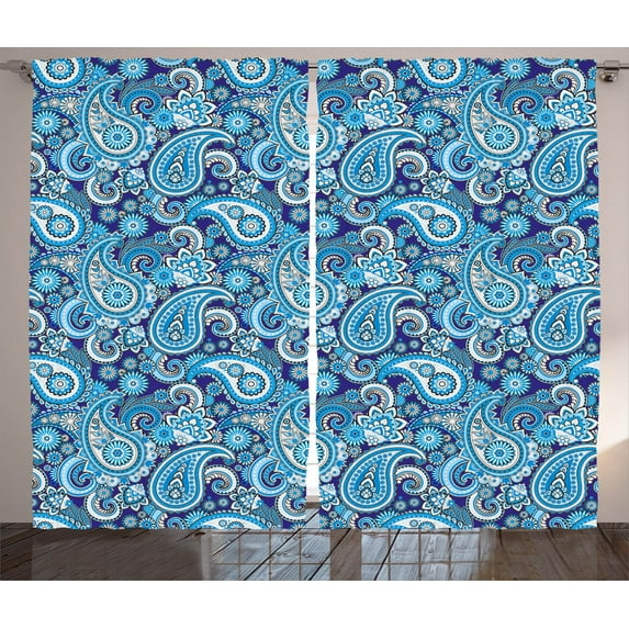Ambesonne Paisley Curtains 2 Panel Set, Flowers Leaves and Dots, 108" x 90", Blue