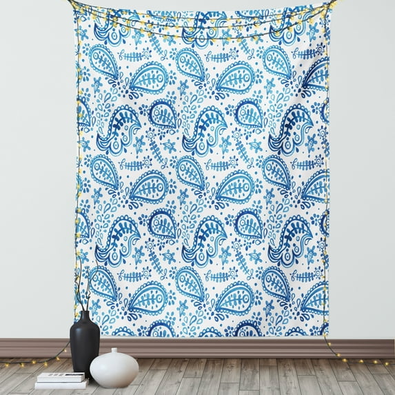 Paisley Decor Tapestry, Mediterrian Themed Design with Water Color Hand Drawn Flowers and Leaves, Wall Hanging for Bedroom Living Room Dorm Decor, 40W X 60L Inches, Blue and White, by Ambesonne