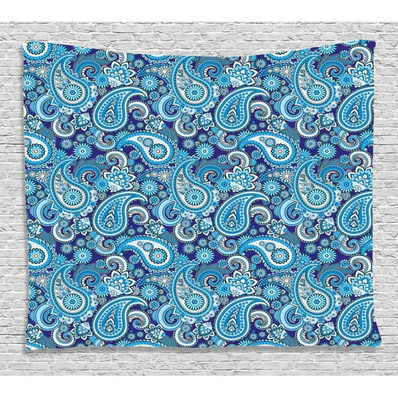 Paisley Decor Tapestry, Traditional Asian Pattern with Flowers Leaves and Dots Blue Backgrounded Artwork, Wall Hanging for Bedroom Living Room Dorm Decor, 80W X 60L Inches, Blue, by Ambesonne