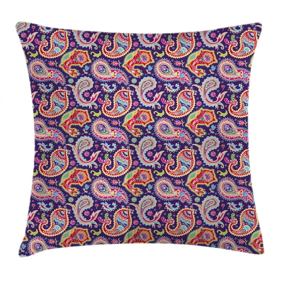 Paisley Decor Throw Pillow Cushion Cover, 60s and 70s Hippie Themed Motives with Geometrical and Floral Design Image, Decorative Square Accent Pillow Case, 24 X 24 Inches, Purple, by Ambesonne