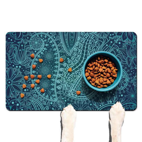 Paisley Design Dog Bowl Mat - Ethnic Paisley Ornament Pet Mat - Multi-Layer Absorbent and Durable for Daily Use