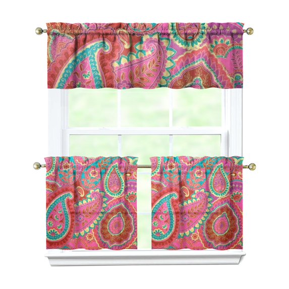 Paisley Design Kitchen Curtains and Valances Set - 3 Piece Kitchen Curtains Sets with Valance for Windows Rod Pocket Machine Washable Kitchen Decor Decorations (54"x18"+2x27.5"x24")