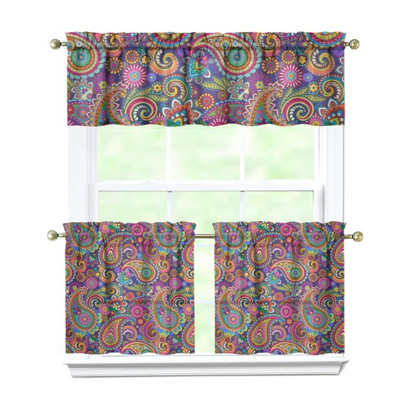 Paisley Design Kitchen Curtains and Valances Set - 3 Piece Kitchen Curtains Sets with Valance for Windows Rod Pocket Machine Washable Kitchen Decor Decorations (54"x18"+2x27.5"x24")