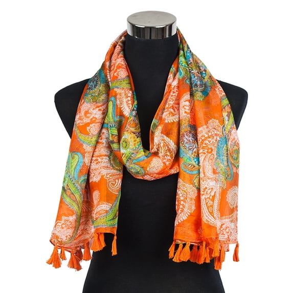 Paisley Design-Sheer Silk/Polyester Long Scarf Orange