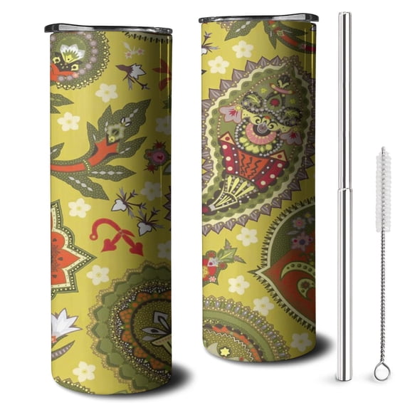Paisley Design Slim Tumbler with Lid Straw Stainless Steel Cup Modern Tumbler 20 oz for Spring Summer Camping Outdoor