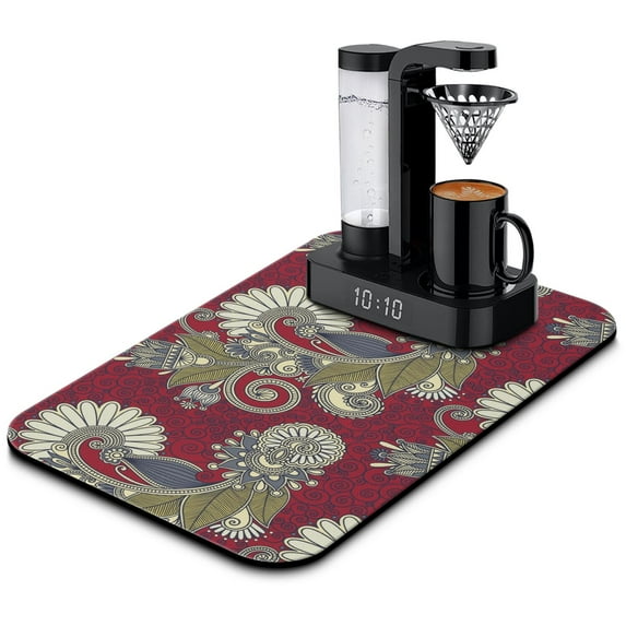 Paisley Dish Drying Mat 12x20in, Vintage Boho Absorbent Coffee Bar Mat, Floral Ethnic Kitchen Counter Protector