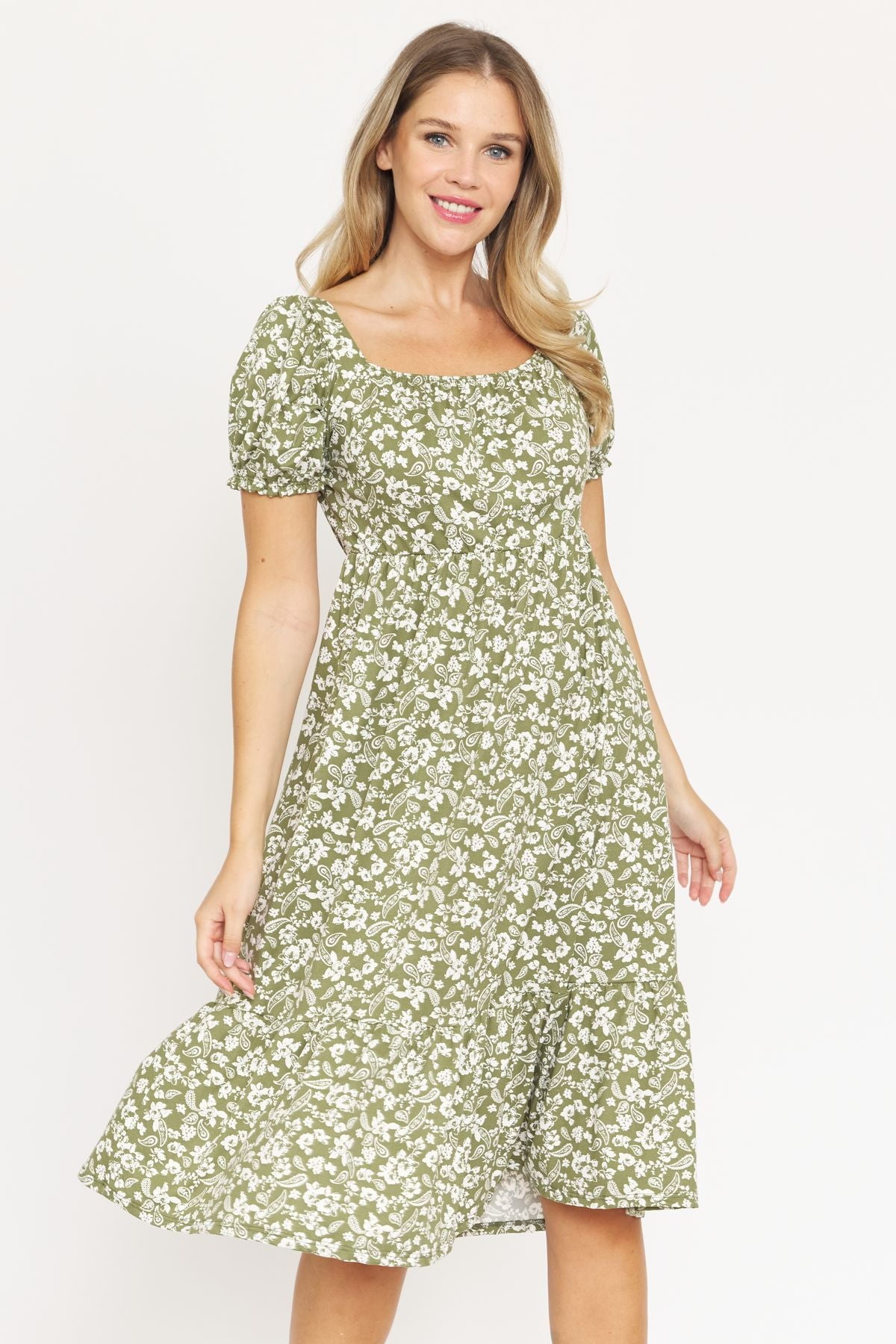 Paisley Ditsy Floral Square Neck Ruffle Hem Midi Dress | S-3X - Walmart.com