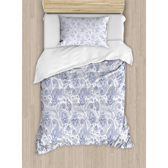Paisley Duvet Cover Set, Abstract Backgrounded Hand Drawn Style Pattern with Flowers Leaves and Buds, Decorative 2 Piece Bedding Set with 1 Pillow Shams, Twin Size, Black and White, by Ambesonne