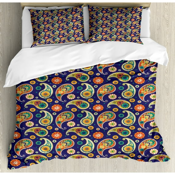 Paisley Duvet Cover Set, Colorful Illustration Floral Ornament Continuous, Decorative 3 Piece Bedding Set with 2 Pillow Shams, Queen Size, Multicolor, by Ambesonne