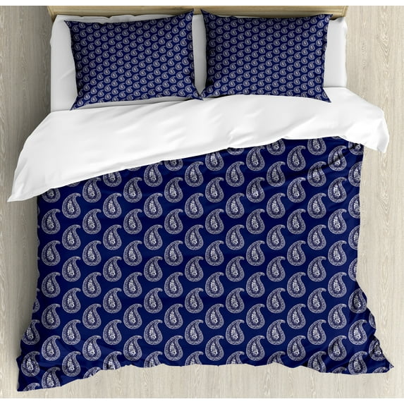 Ambesonne Paisley Duvet Cover Set, Oriental Floral Damask Art, Queen, Indigo and Eggshell