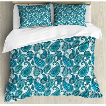 Paisley Duvet Cover Set King Size, Antique Asian Floral Ethnic Ornamental Retro Swirled Artistic Pattern, Decorative 3 Piece Bedding Set with 2 Pillow Shams, Teal Pale Blue Aqua, by Ambesonne